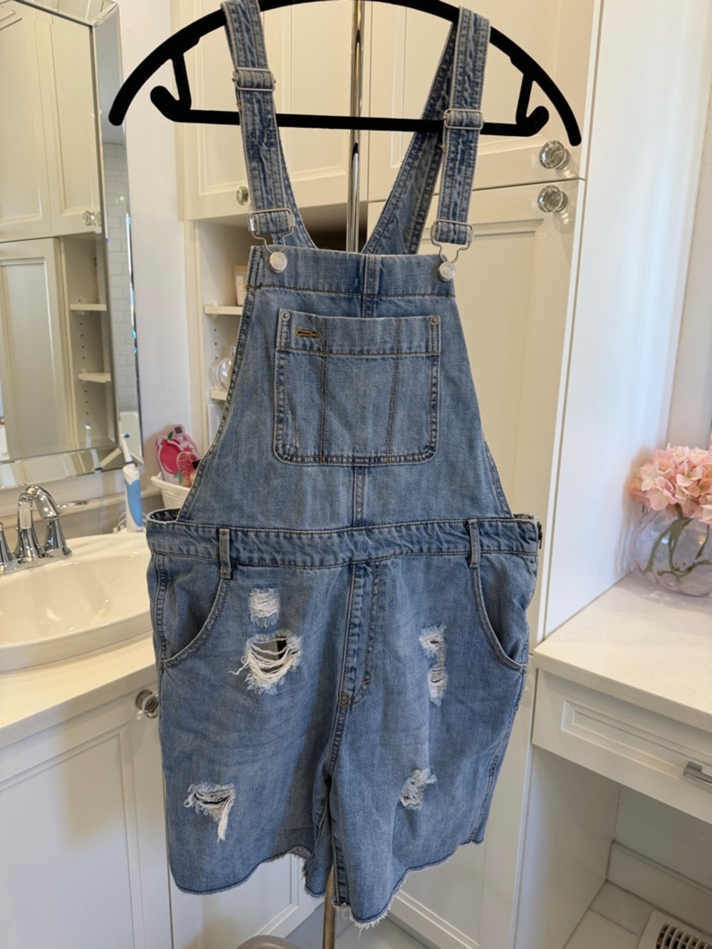 GAP Light Blue Distressed Denim Short Overalls Romper